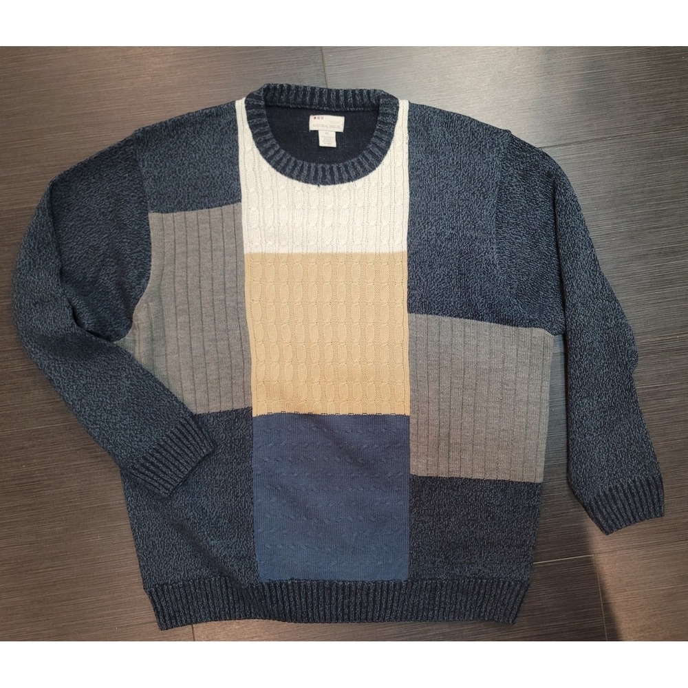 Vintage Natural Issue Mans Sweater XXL Color Block cable knit crewneck ribbed